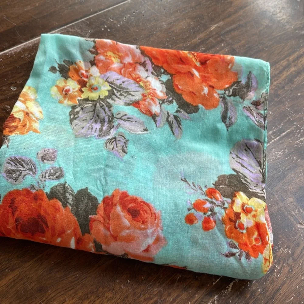 Teal Orange Floral Women's Infinity Scarf Ring Loop Blossom Pattern Lightweight